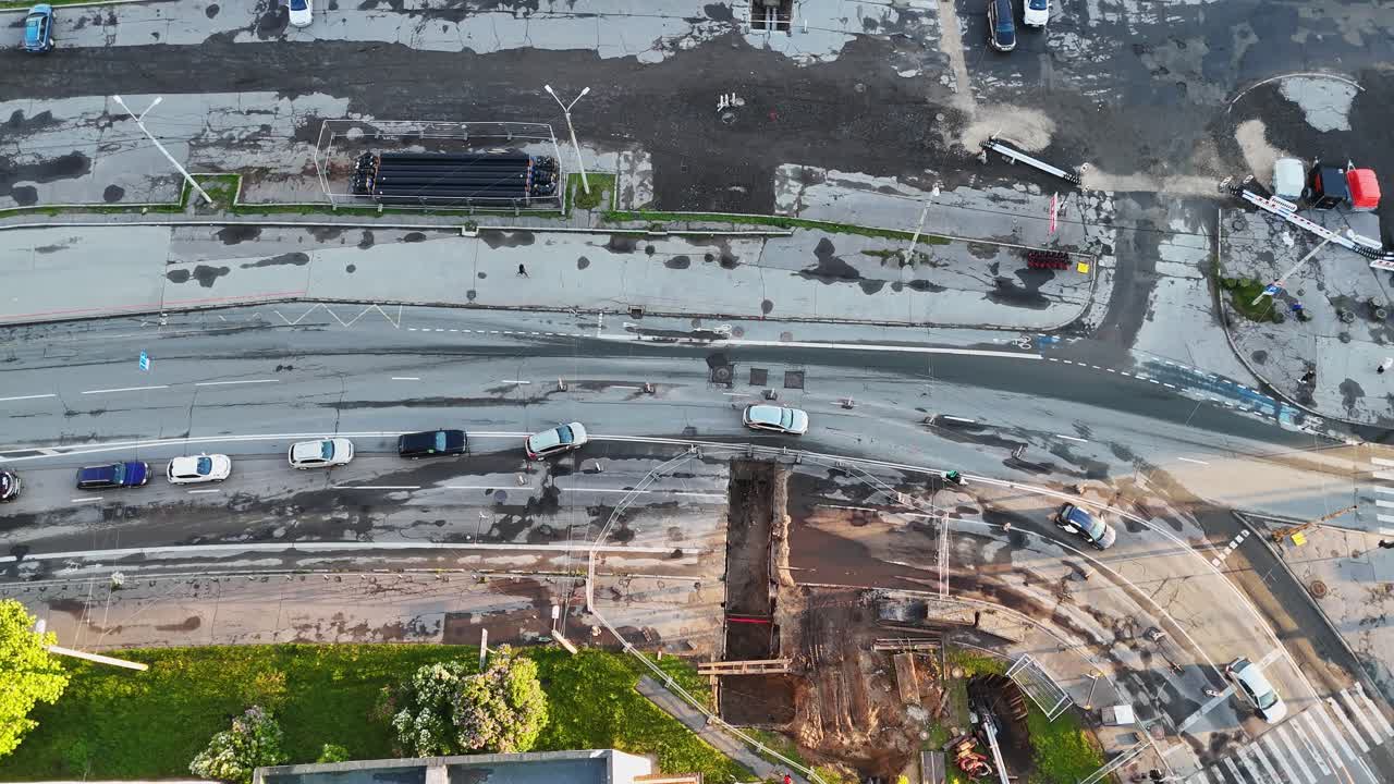 Aerial top-down shot of Purvciems in Riga, Latvia, showing busy traffic and urban layout.