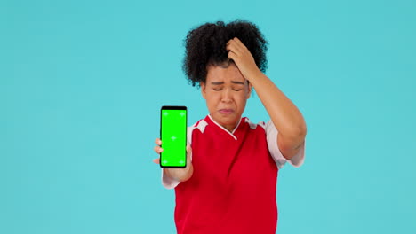 Green-screen,-stress-and-woman-face-with-phone