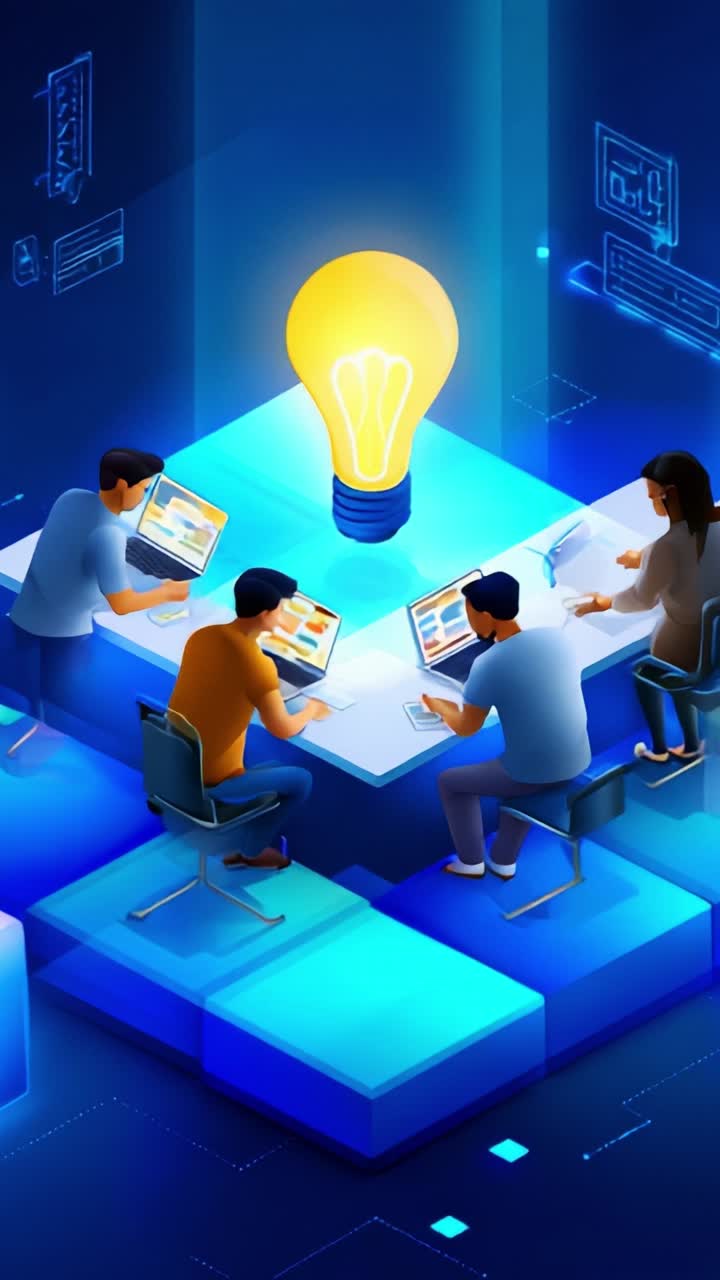Team Collaboration in a Modern Workspace: Innovative Ideas Sparked by a Bright Light Bulb over Engaged Individuals Using Laptops and Creative Tools
