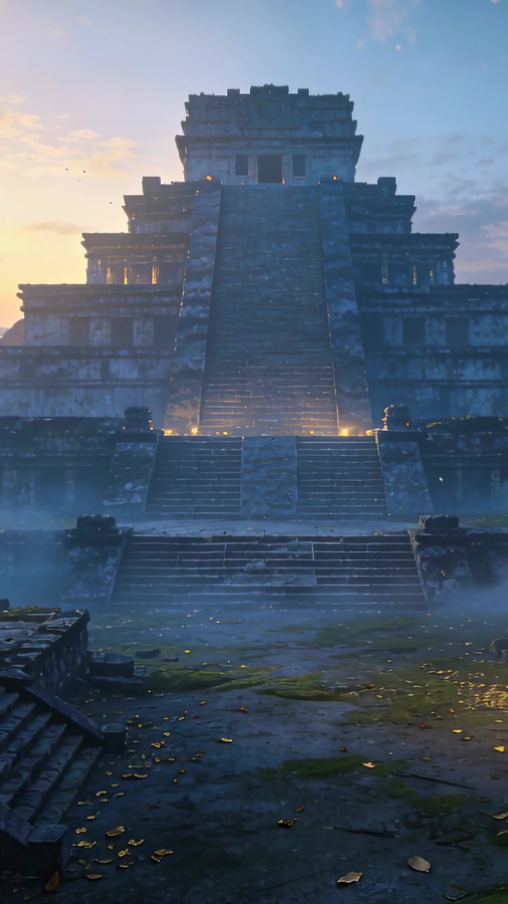 Video verticale: La telecamera zooma rivelando un tempio all'alba, con scala centrale, torce e nebbia che si solleva.