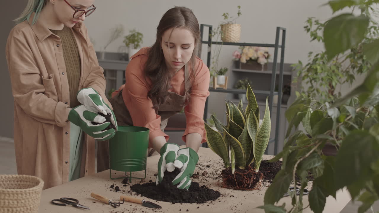 Women Filling Flower Pot with Soil