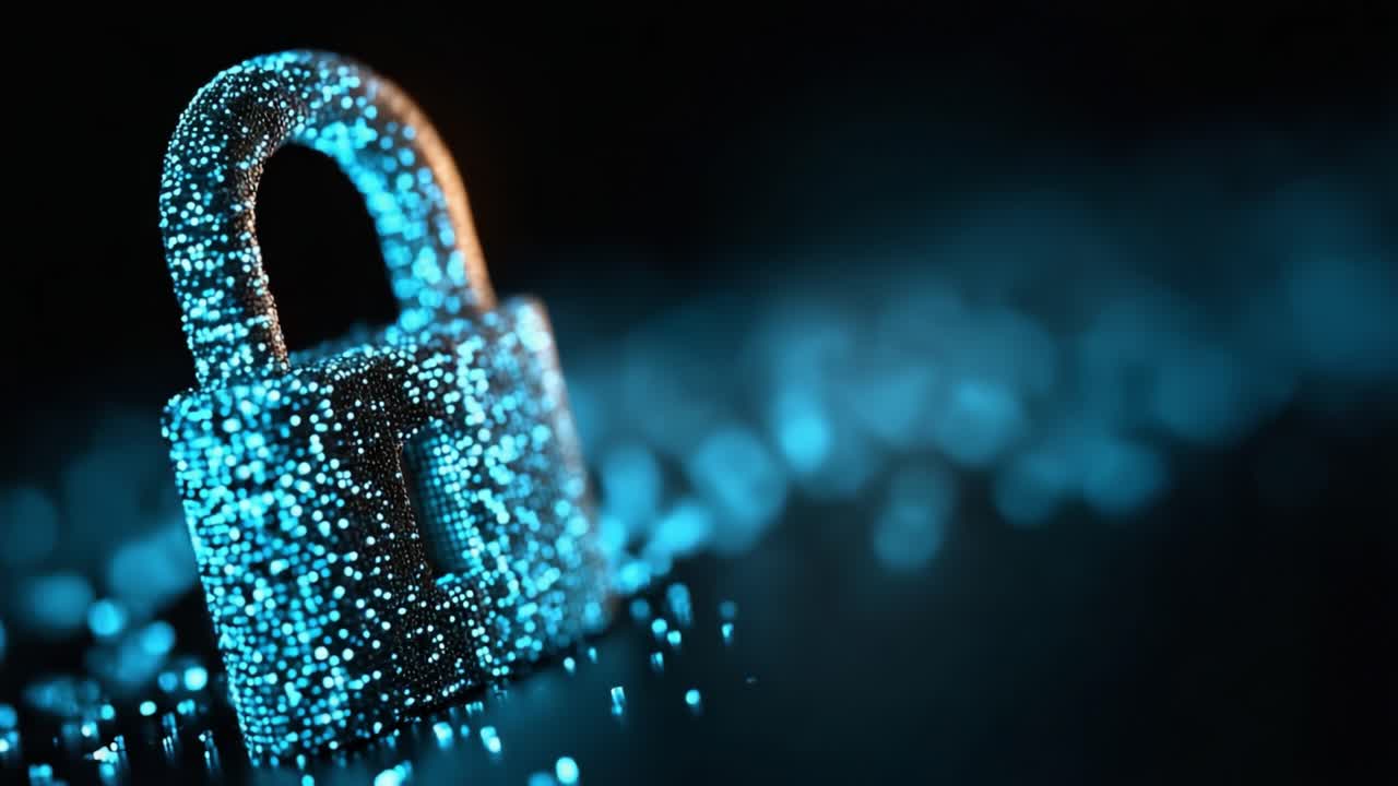 A Stunning Visual Representation of Digital Security: A Glowing Padlock Crafted from Vibrant Data Points Illustrates the Essence of Cyber Protection and Information Safety