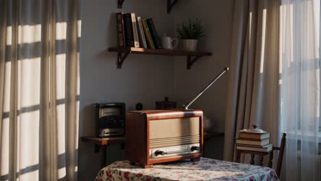 sunlight illuminates cozy nostalgic kitchen with vintage radio receiver, books, and houseplant on a shelf, creating a warm and inviting atmosphere