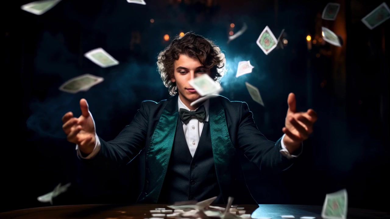 Mago professionista che esegue giochi di prestigio con le carte in uno studio buio