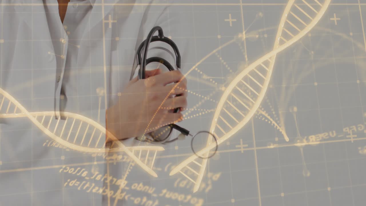 Medical professional grabbing stethoscope as DNA animations drift, holding chest piece near heart