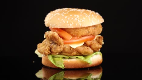 red onion rings fall in slow motion beside a crispy chicken burger with lettuce and tomato, set against a glossy black background with studio lighting