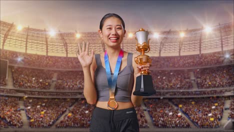 asian woman with a gold medal and trophy waving her hand and smiling to camera as the first winner at the stadium