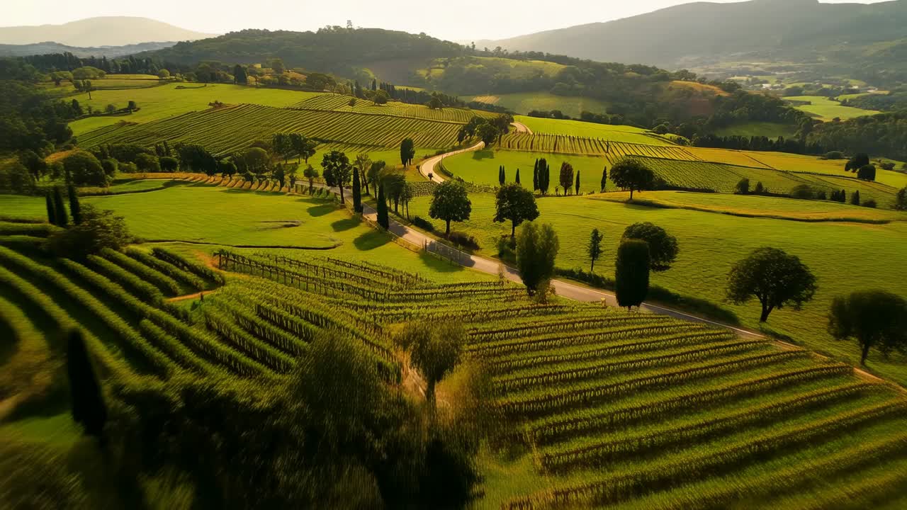 Tracciamento di strada tortuosa tra le colline all'inizio, camera aerea che inizia a filmare vigneti e cipressi