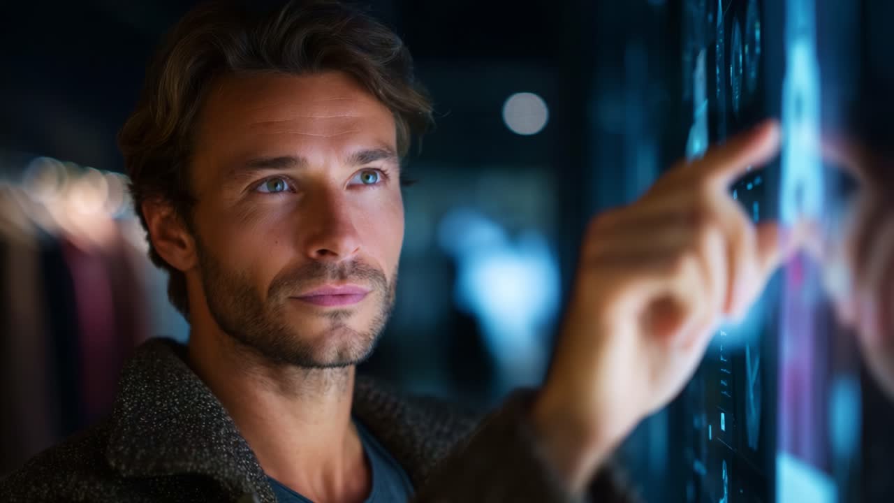 Man Engaged in Interactive Technology, Examining Data on a Touchscreen Interface, Highlighting Focus and Innovation in Digital Communication