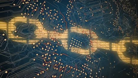 Animation of microprocessor connections and security chain icon against network of connections