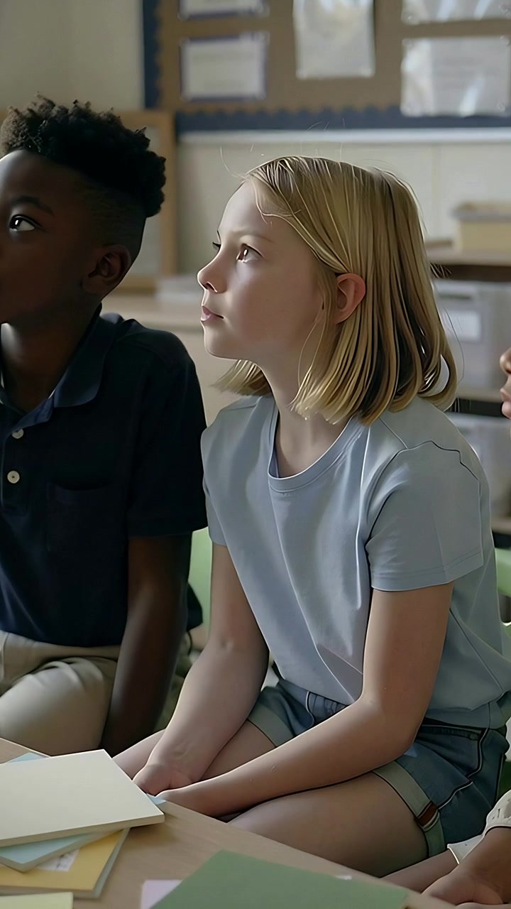 Vertical video: Glancing girl in blue tee leaning at classroom table with teacher speaking, papers