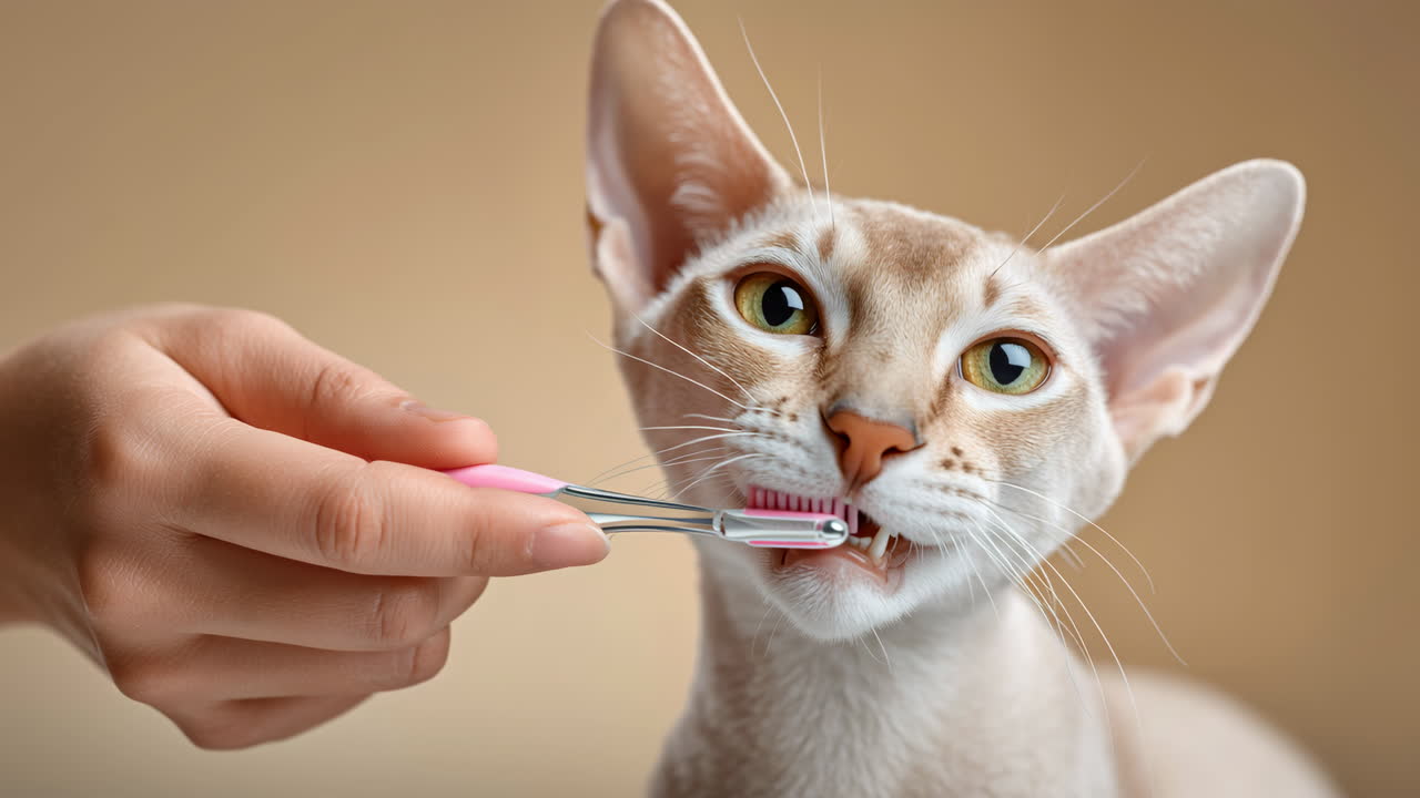 Cat gets teeth brushed by owner at home. A person brushes the teeth of a cat in a warm, cozy home environment, focusing on pet care and hygiene