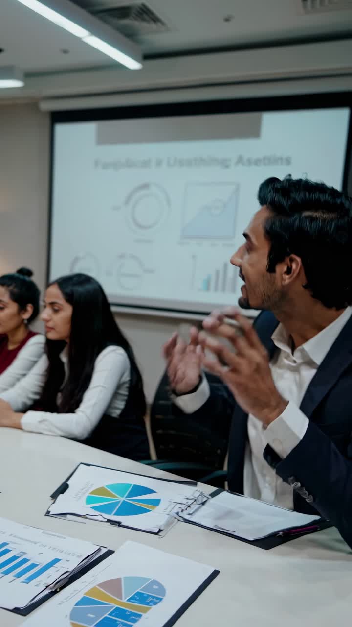Young businessman presenting marketing data analysis to his colleagues in a meeting room, explaining charts and graphs displayed on a projector screen