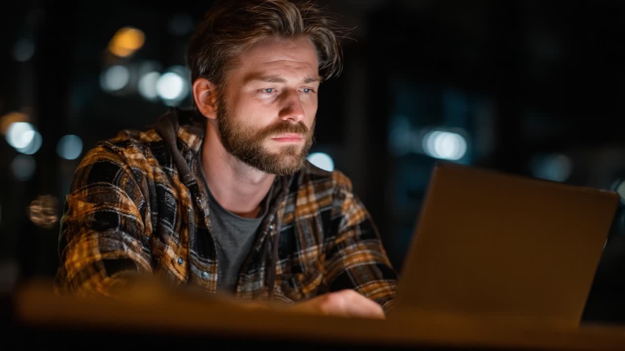 A Thoughtful Man Working Late at Night, Engaged in a Serious Task on His Laptop as Ambient Lights Create a Reflective Atmosphere in the Background