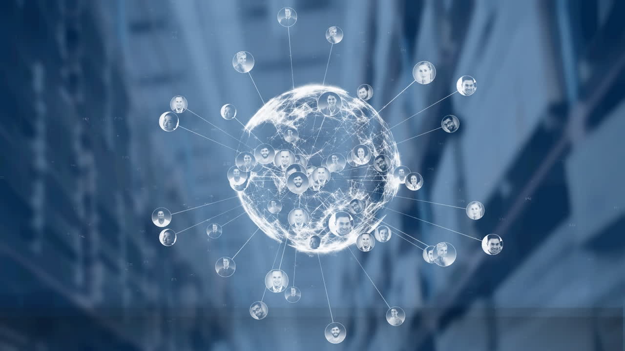 창고의 선반 위에 회전하는 연결과 함께 지구의 애니메이션