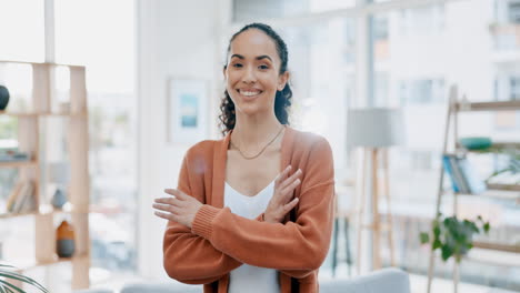 Face,-smile-and-woman-relax-in-house-with-arms