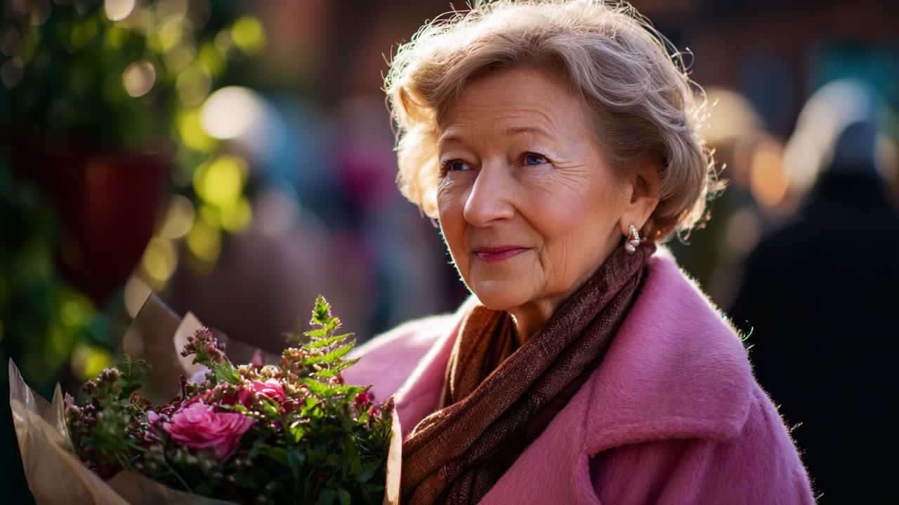 A Gracious Senior Woman Embraces Nature's Beauty with a Delightful Bouquet in a Vibrant Outdoor Market Setting, Radiating Warmth and Joy as She Takes in the Colorful Surroundings with a Gentle Smile
