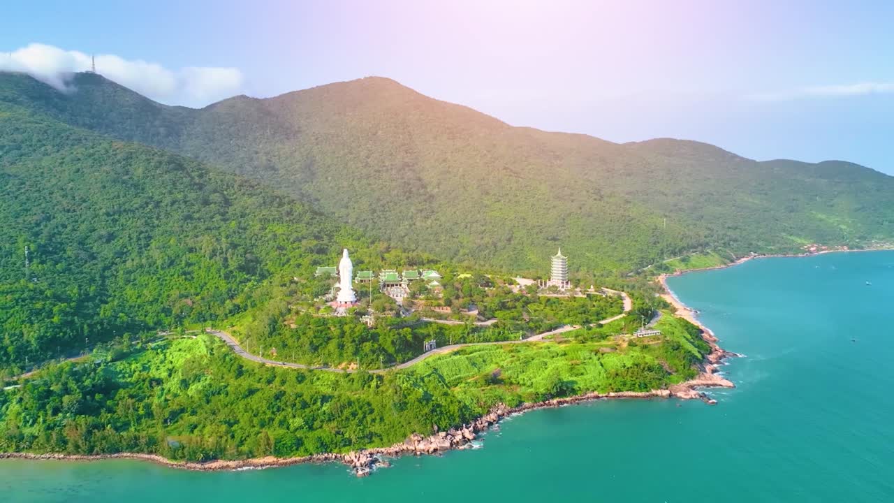 Aerial view of Ling Ung pagoda, Son Tra peninsula, Da Nang, Vietnam