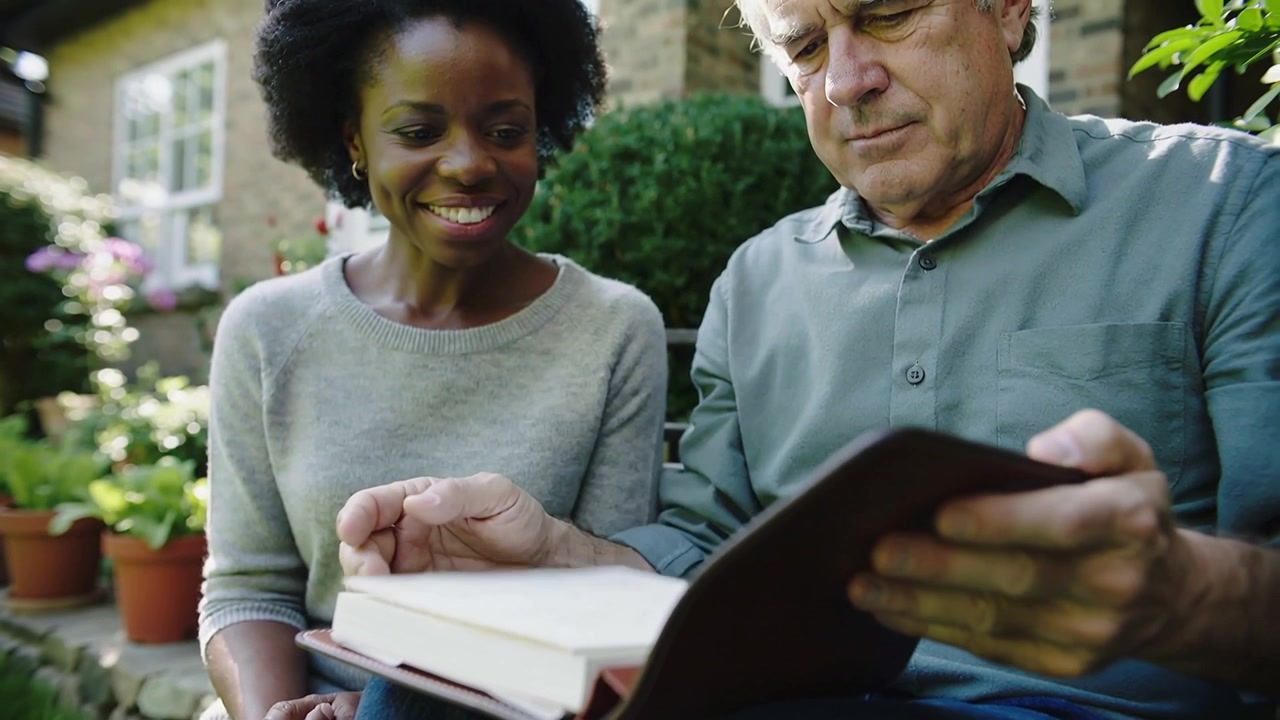 Opening leather book, man in button-up turning pages on house bench, prompted by woman leaning in