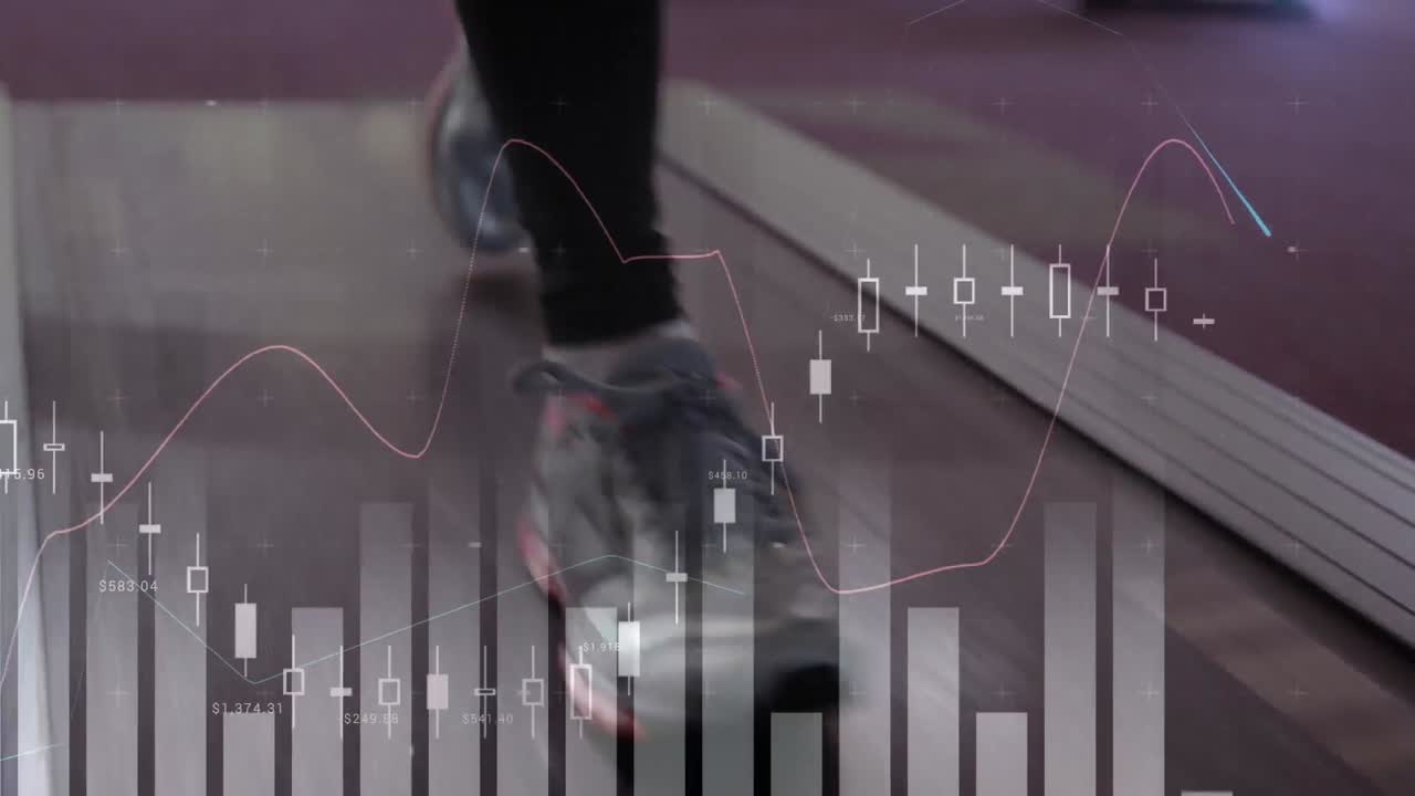 animazione della rete di connessioni e elaborazione dei dati su una donna in forma che si esercita in palestra