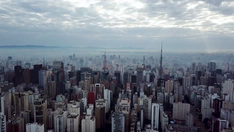 dramatic panorama aerial 4k shot of downtown sao paolo with stunning lights and sky in early morning