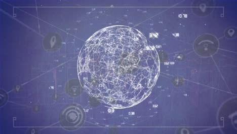 animación de la red de conexiones con iconos y globo sobre fondo azul