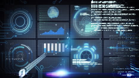 Digital data processing with graphs and charts over futuristic interface animation