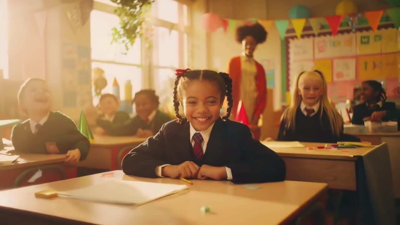 Warm, cheerful classroom video scene, low-angle shot of a smiling student in focus