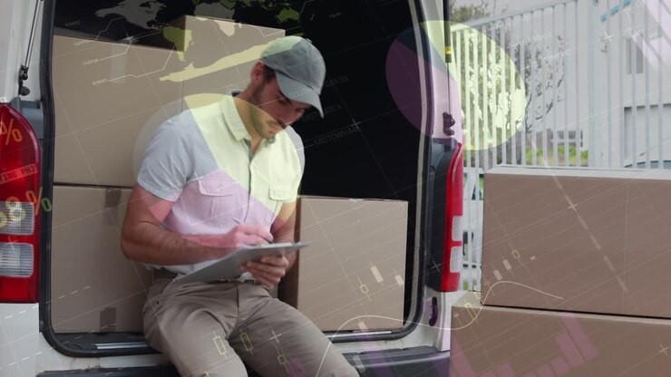 Animazione di elaborazione dati su uomo che carica scatole in auto