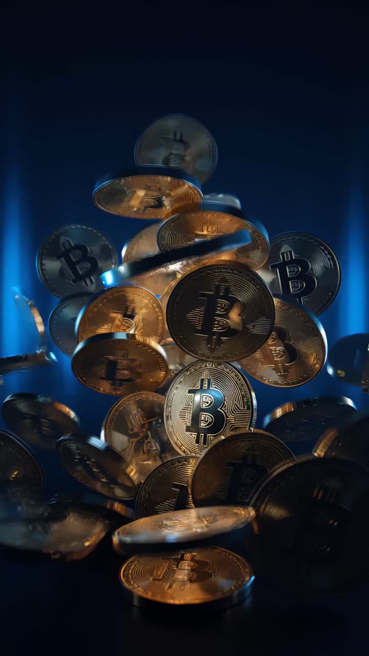 Animazione rotante di Bitcoin dorato su sfondo scuro, criptovaluta cinematografica 4K.