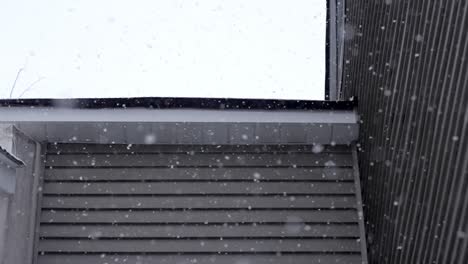 slow falling snowflakes on a roof of a house on a cold winter day, cloudy sky, snowfall, static shot, copy space