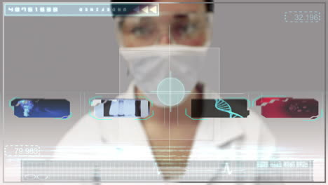 trabajador de laboratorio desplazándose a través de la interfaz digital médica