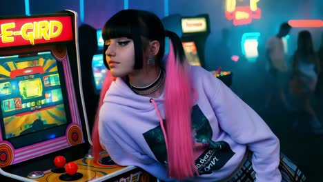 girl leaning on arcade machine