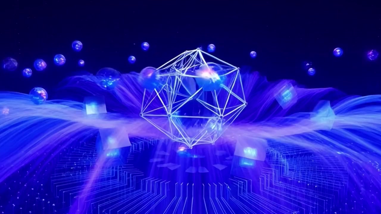 Abstract Digital Geometric Structure with Floating Spheres and Data Flow