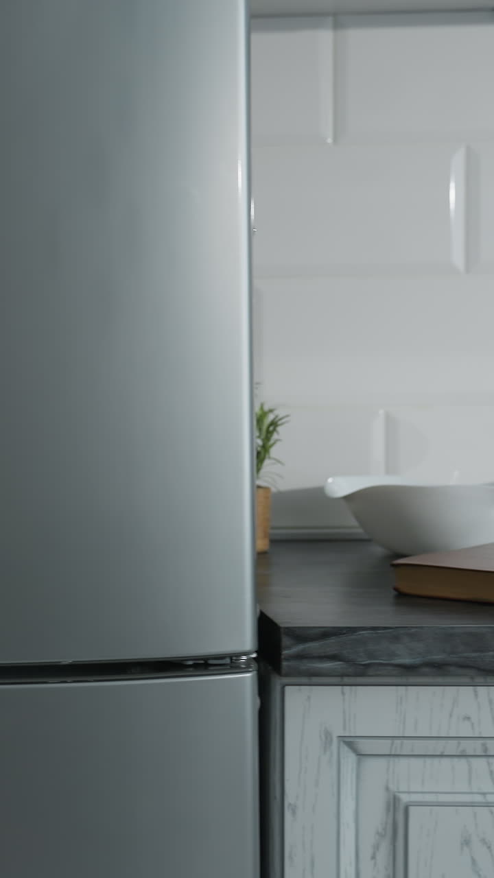 cocina moderna elegante con refrigerador de acero inoxidable elegante, encimera de mármol negro y gabinetes blancos, libro bien arreglado, planta decorativa y utensilios de cocina