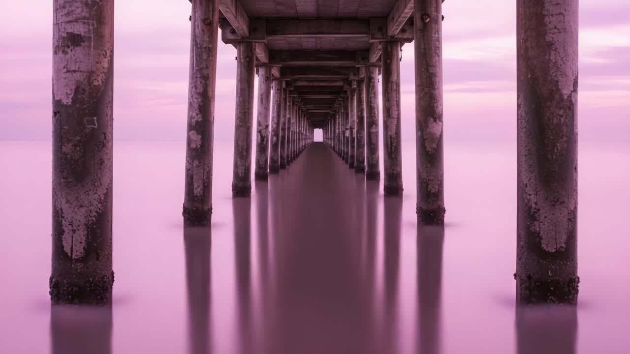 A Tranquil View Under a Coastal Pier, Bathed in Soft Pink Hues, Showcasing Serenity and the Beauty of Nature's Reflections on Calm Waters
