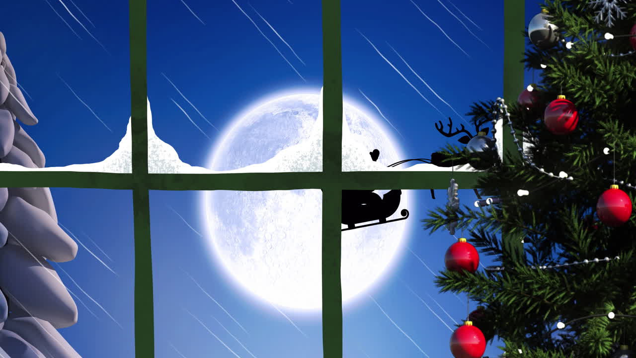 산타클로스가  ⁇ 매를 타고 렌더와 함께 창문을 통해 보이는 애니메이션