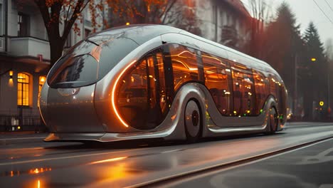 futuristic tram on a city street at dusk