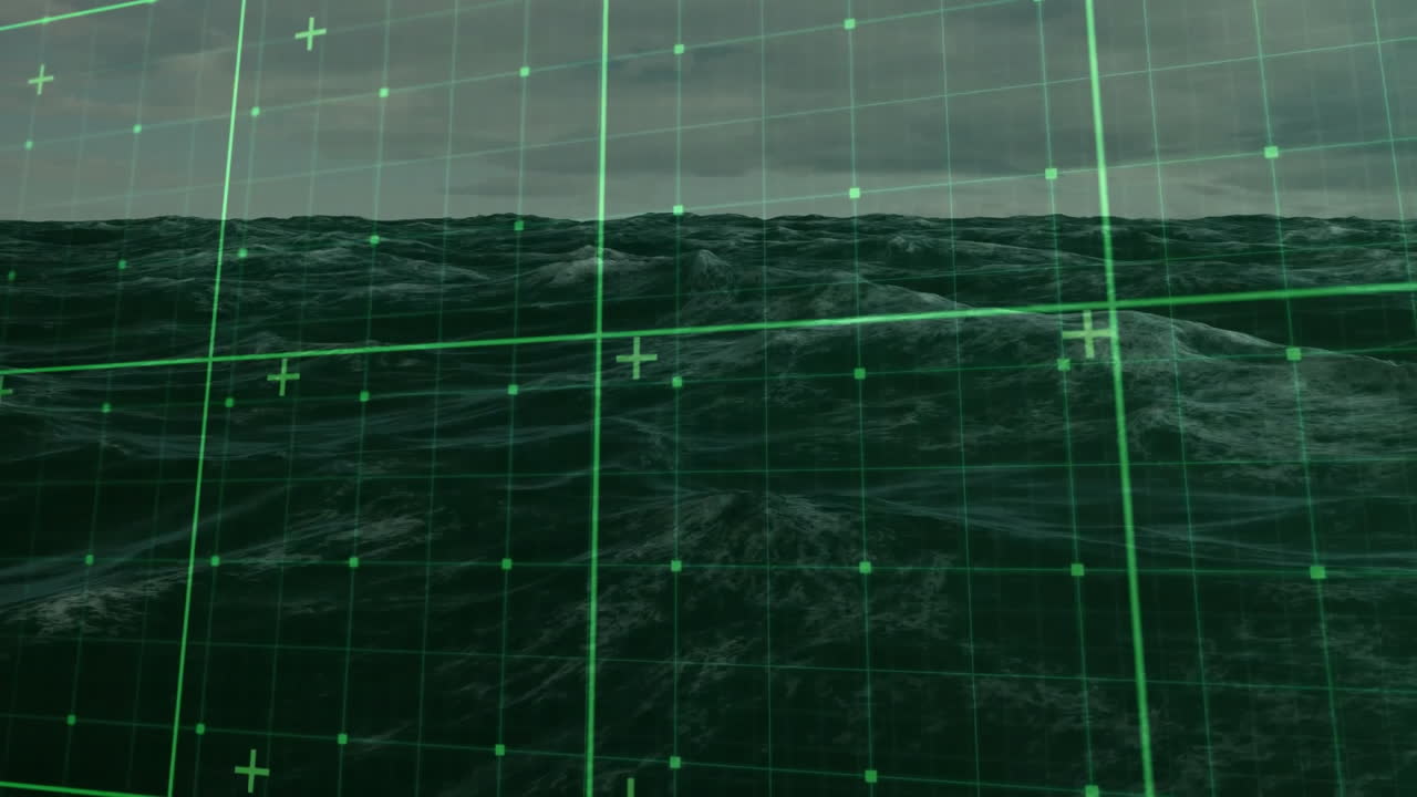 Ocean waves being overlaid with neon green grid lines and square nodes, showing plus markers