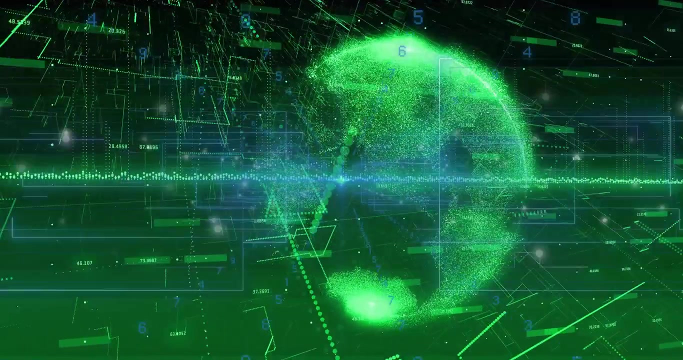 Waveform pulsing triggers particle globe forming and rotating, HUDs animating to show data