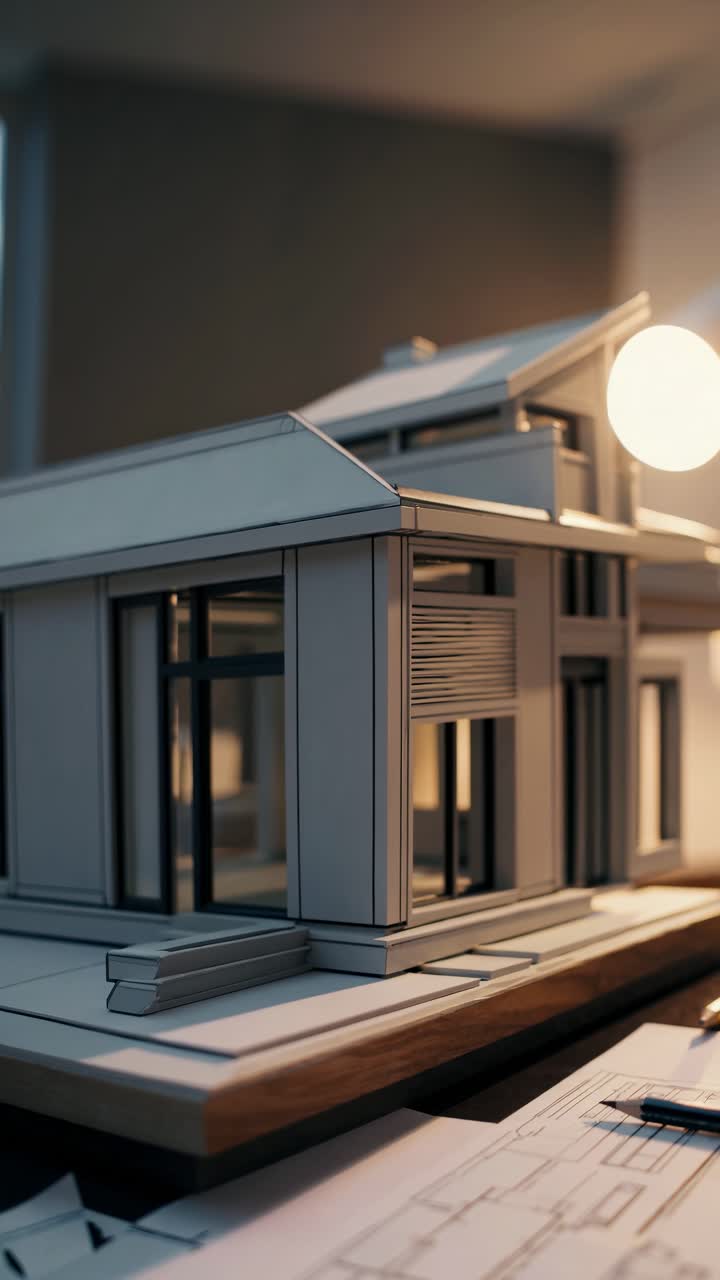 A low-angle shot of architectural models and blueprints, showcasing a modern design concept