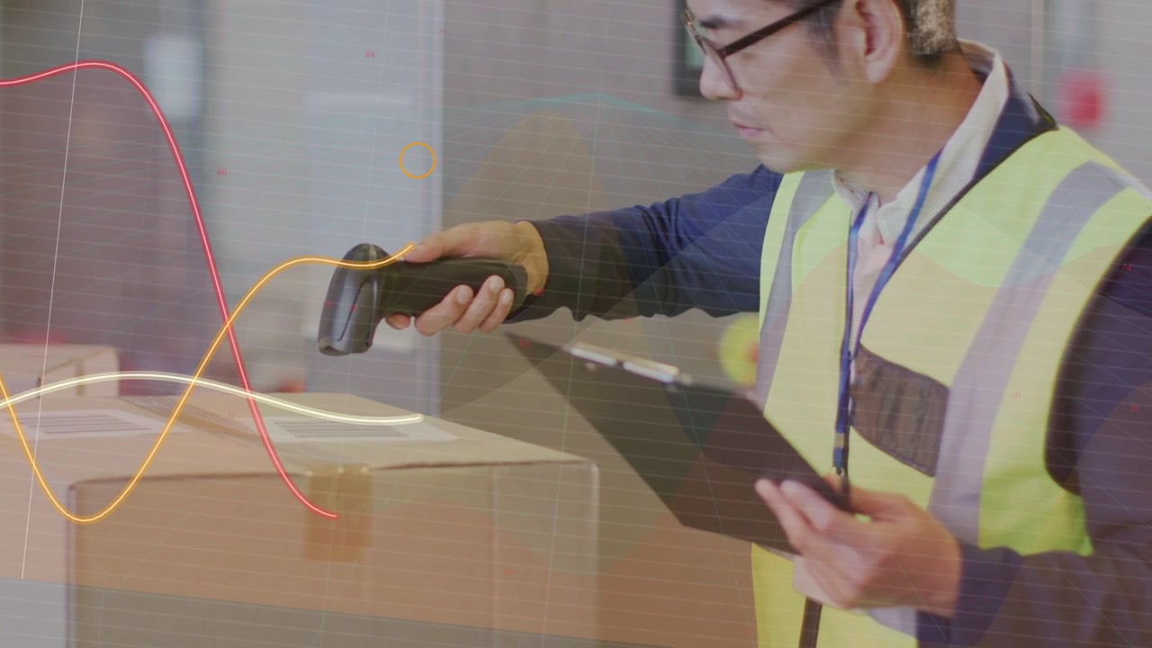 Packer raising scanner, scanning barcode and confirming dispatch while overlays appearing on label