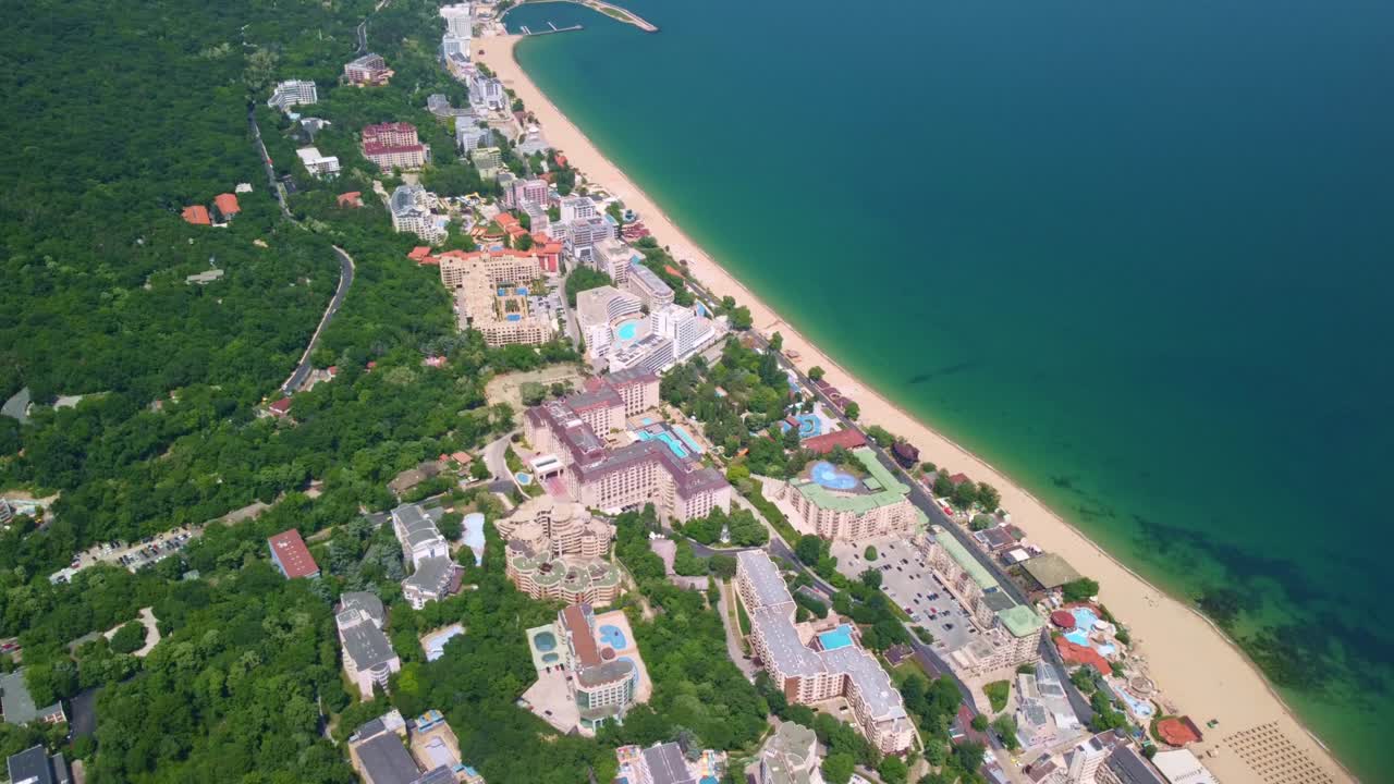 황금 모래의 해변과 호텔의 공중 풍경, zlatni piasac, varna, 불가리아
