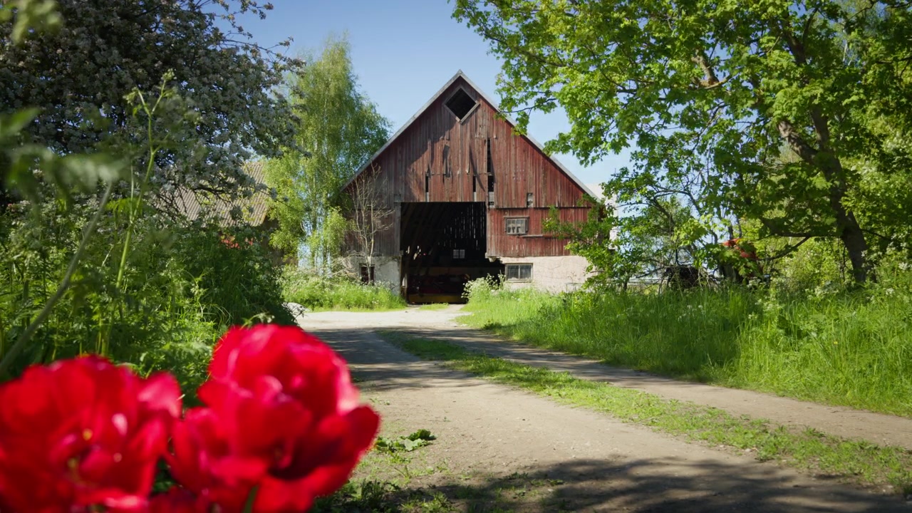 En trælade omgivet af grønne træer og røde blomster på en solrig sommerdag på landet. Ideel til landliv, landbrug, natur og rejseindhold.