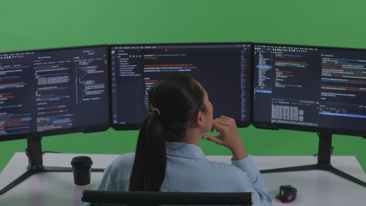 mujer programadora trabajando en código en múltiples monitores