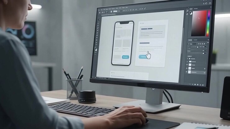 Kvindelig grafisk designer arbejder på mobilapp-interface