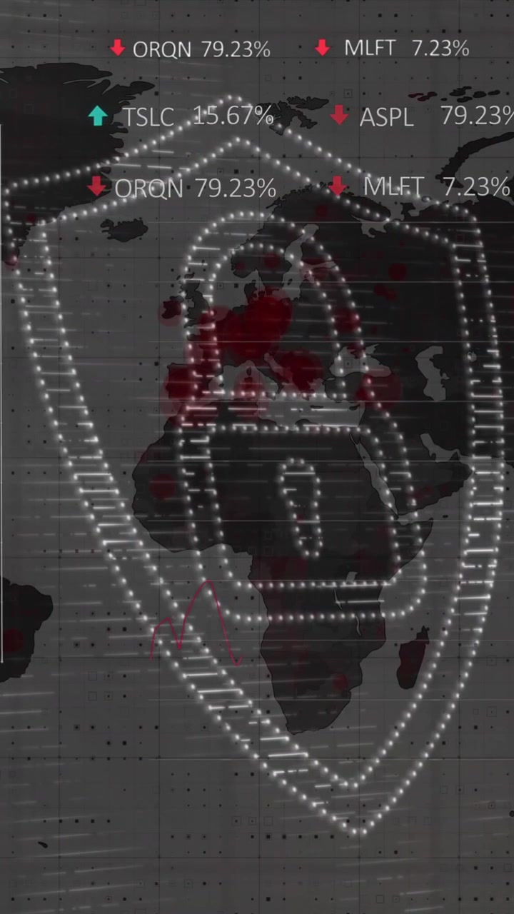 Animation of security padlock, statistical and stock market data processing against world map