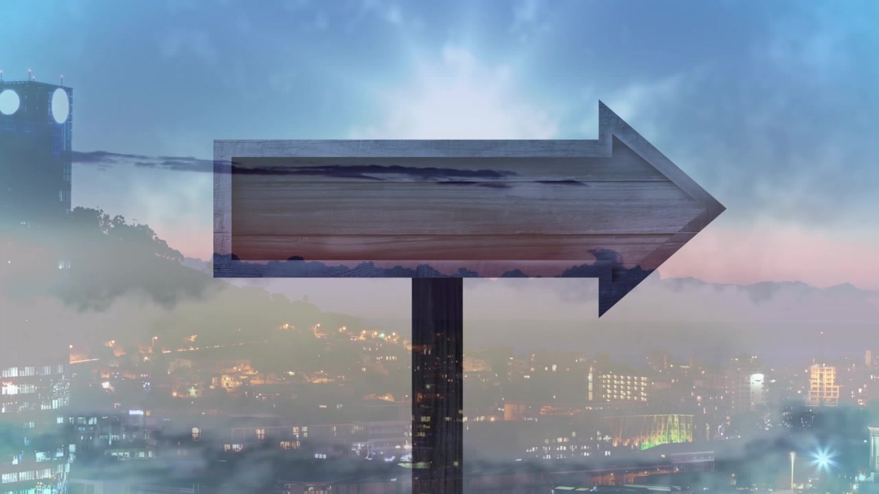Animation of clouds over arrow and cityscape at evening