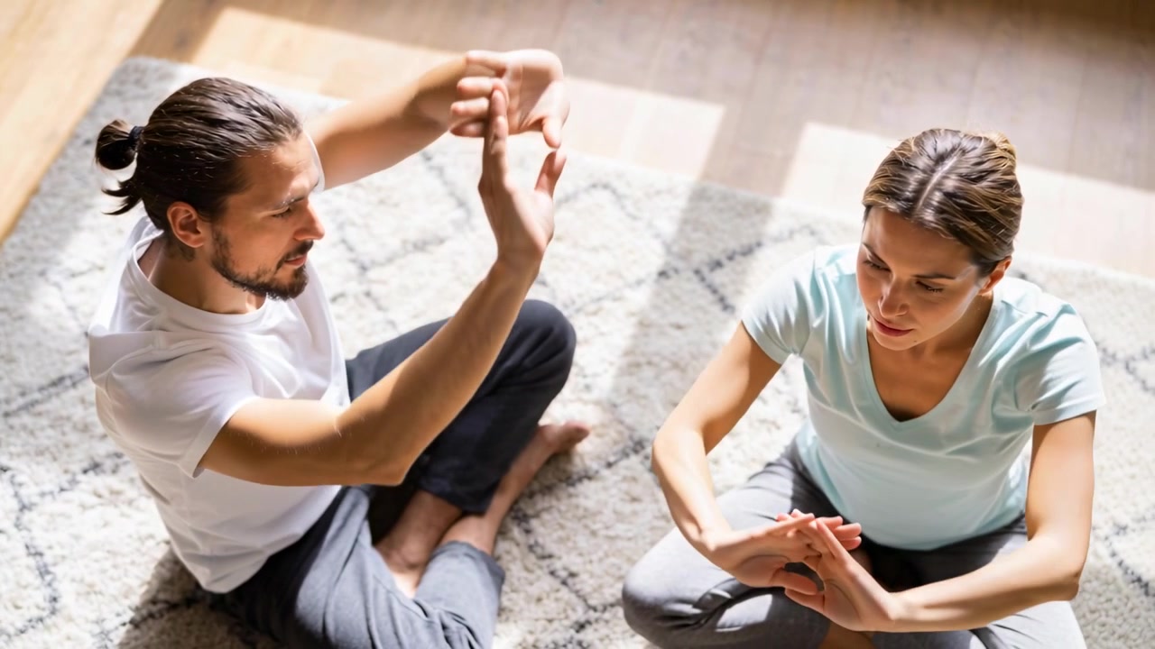 Coppia a casa che inizia la routine, facendo stretching per le braccia su un tappeto fantasia, in abbigliamento sportivo per la mobilità.