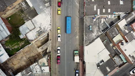 aerial-view-of-the-vibrant-scenes-of-a-Colombian-city-street-as-it-travels,-showcasing-the-bustling-activity,-colorful-buildings,-and-lively-atmosphere